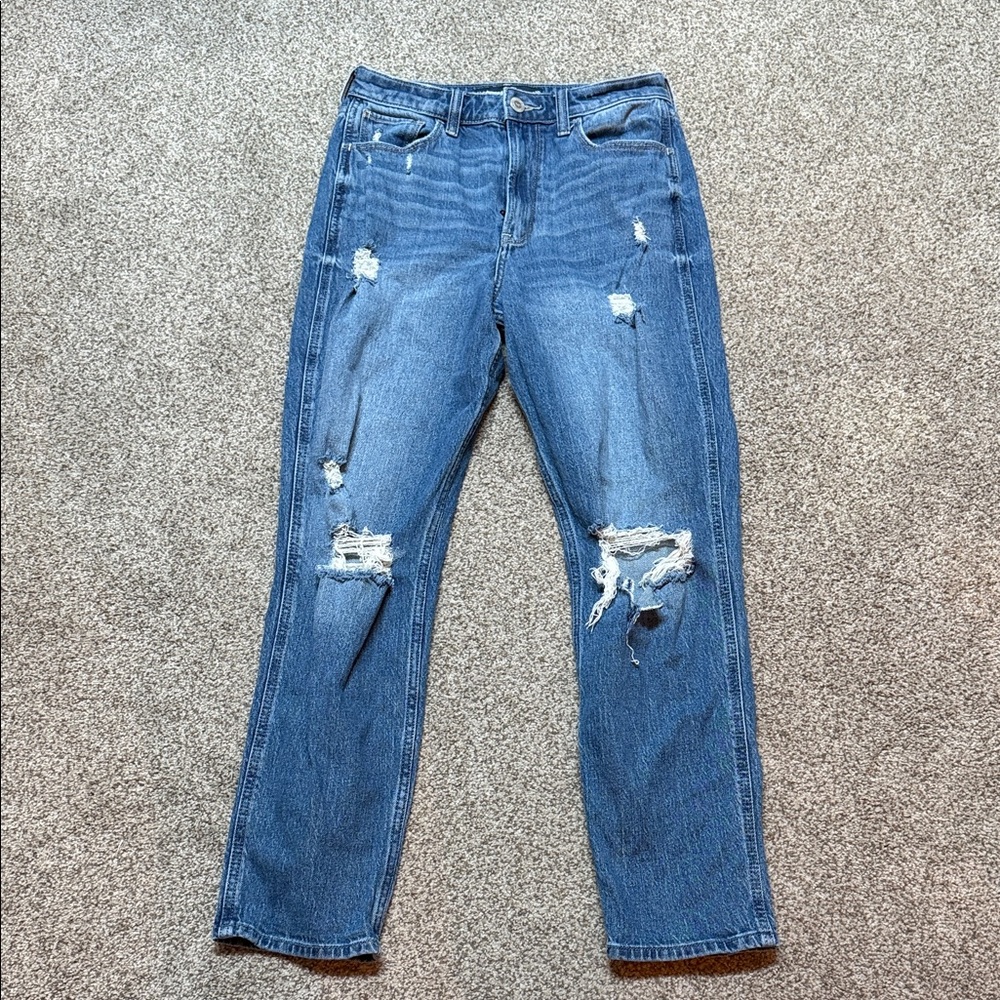 Hollister Blue Distressed Straight Leg Jeans Ultra High Rise Mom Jean